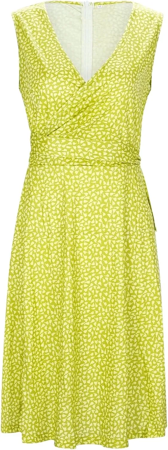 Womens Sun dress Summer Floral Short Sleeveless Wrap V Neck A-Line Midi Dress Beach Travel Vacation Outfits