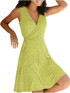 Womens Sun dress Summer Floral Short Sleeveless Wrap V Neck A-Line Midi Dress Beach Travel Vacation Outfits