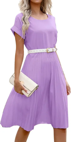 Women's Sun Dresses 2025 Vacation Summer Casual Trendy Solid Color Round Neck Short Sleeve Midi Dress, S-XL