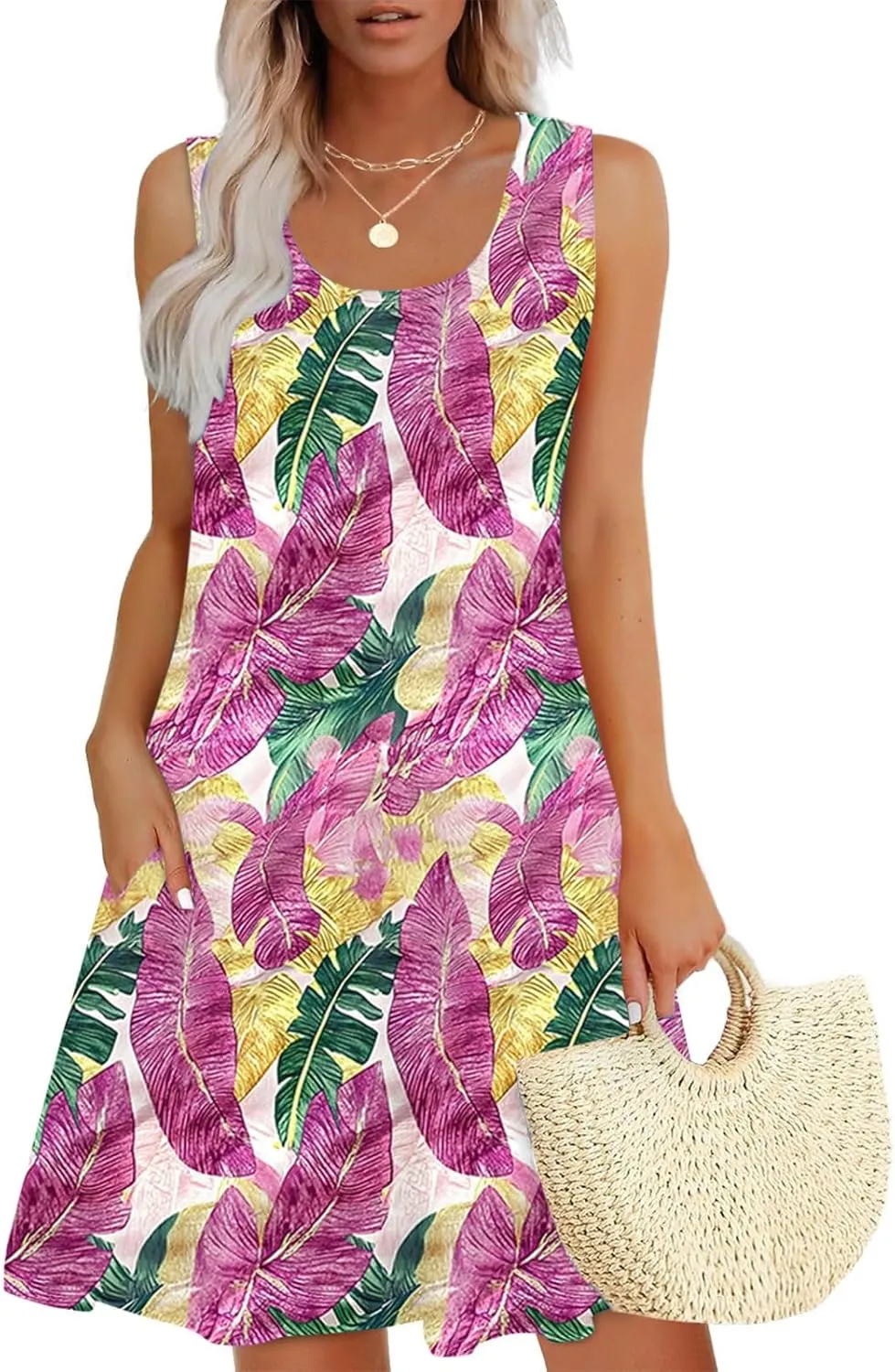 Womens Sundress with Pockets Summer Casual Sleeveless Tank Dress Floral Print Bohemian Dresses Vacation Clothes