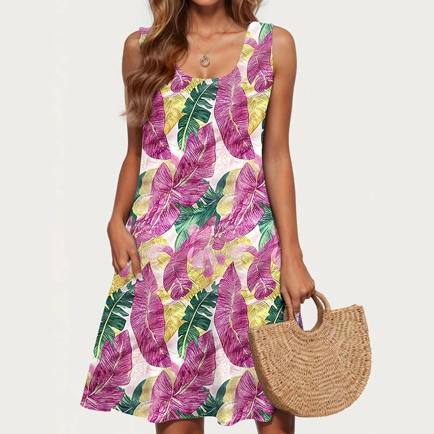 Womens Sundress with Pockets Summer Casual Sleeveless Tank Dress Floral Print Bohemian Dresses Vacation Clothes