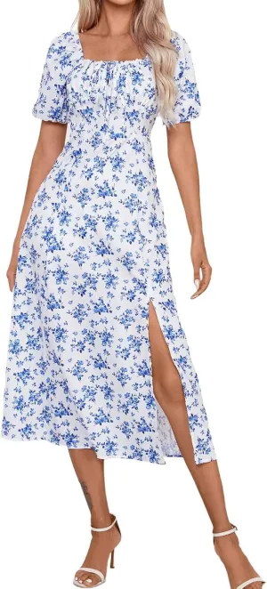 Women's Sundresses 2025 Summer Casual Loose Trendy Bubble Sleeve Square Neck Split Bow Floral Print Dress Plus Size, XS-3XL