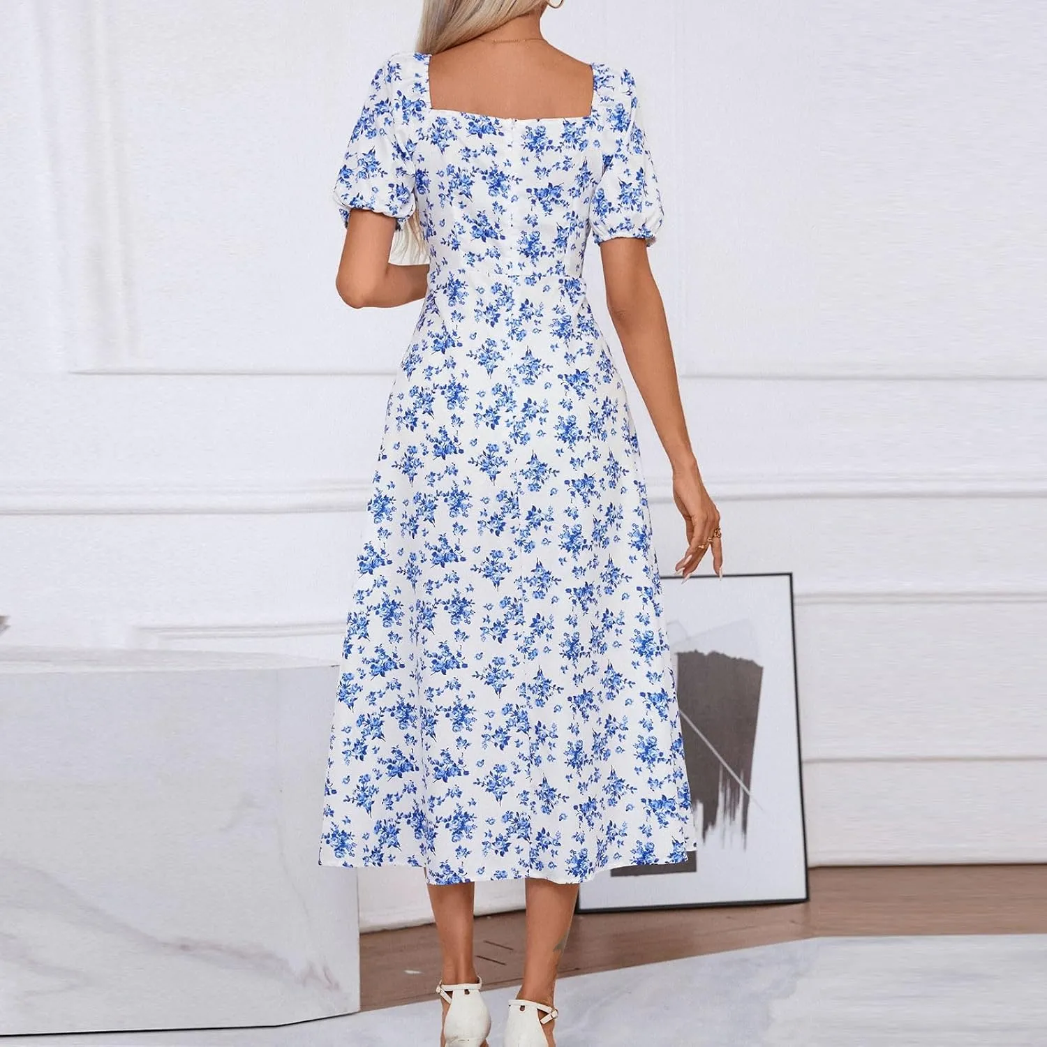 Women's Sundresses 2025 Summer Casual Loose Trendy Bubble Sleeve Square Neck Split Bow Floral Print Dress Plus Size, XS-3XL