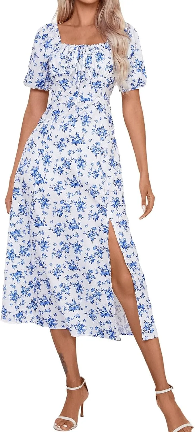 Women's Sundresses 2025 Summer Casual Loose Trendy Bubble Sleeve Square Neck Split Bow Floral Print Dress Plus Size, XS-3XL