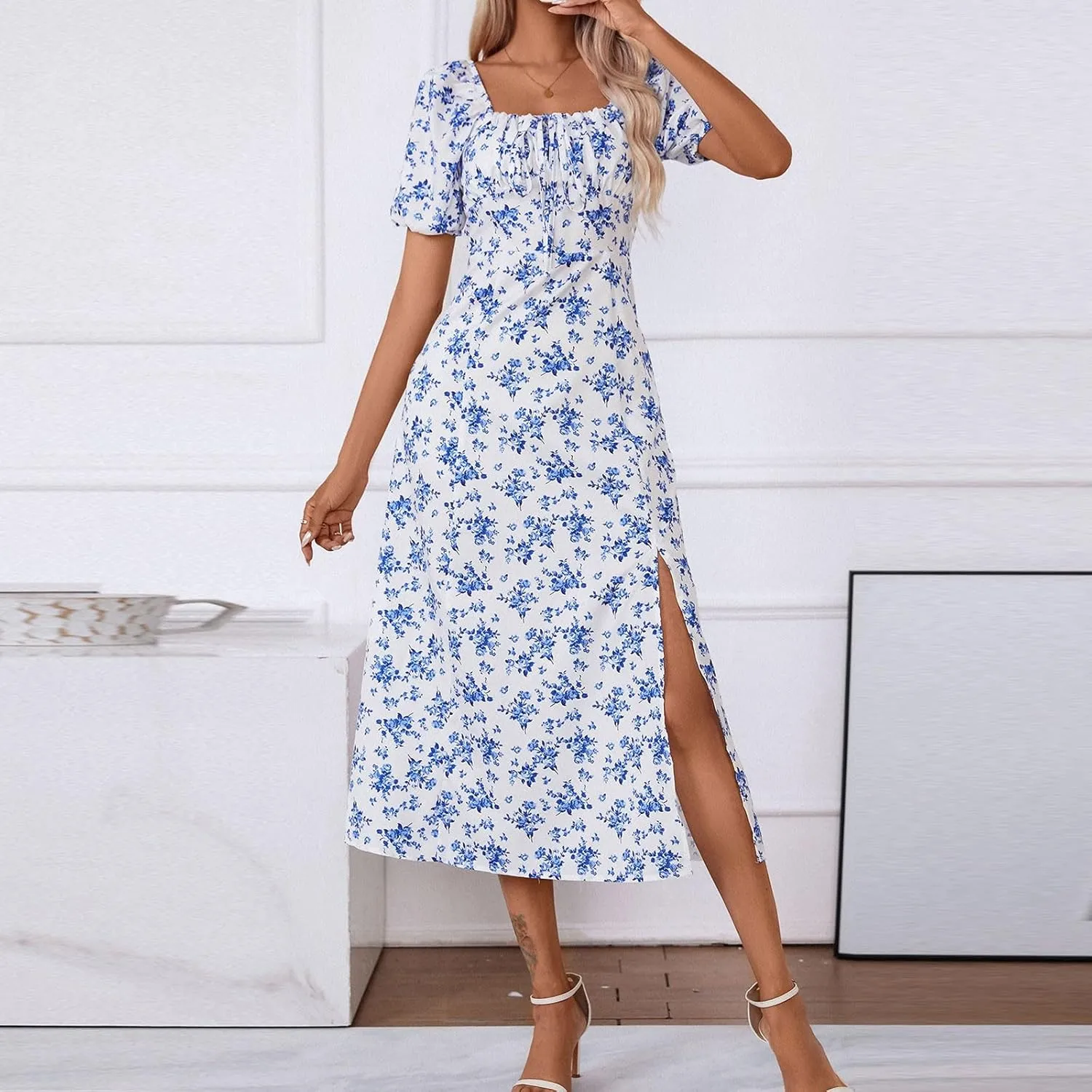 Women's Sundresses 2025 Summer Casual Loose Trendy Bubble Sleeve Square Neck Split Bow Floral Print Dress Plus Size, XS-3XL