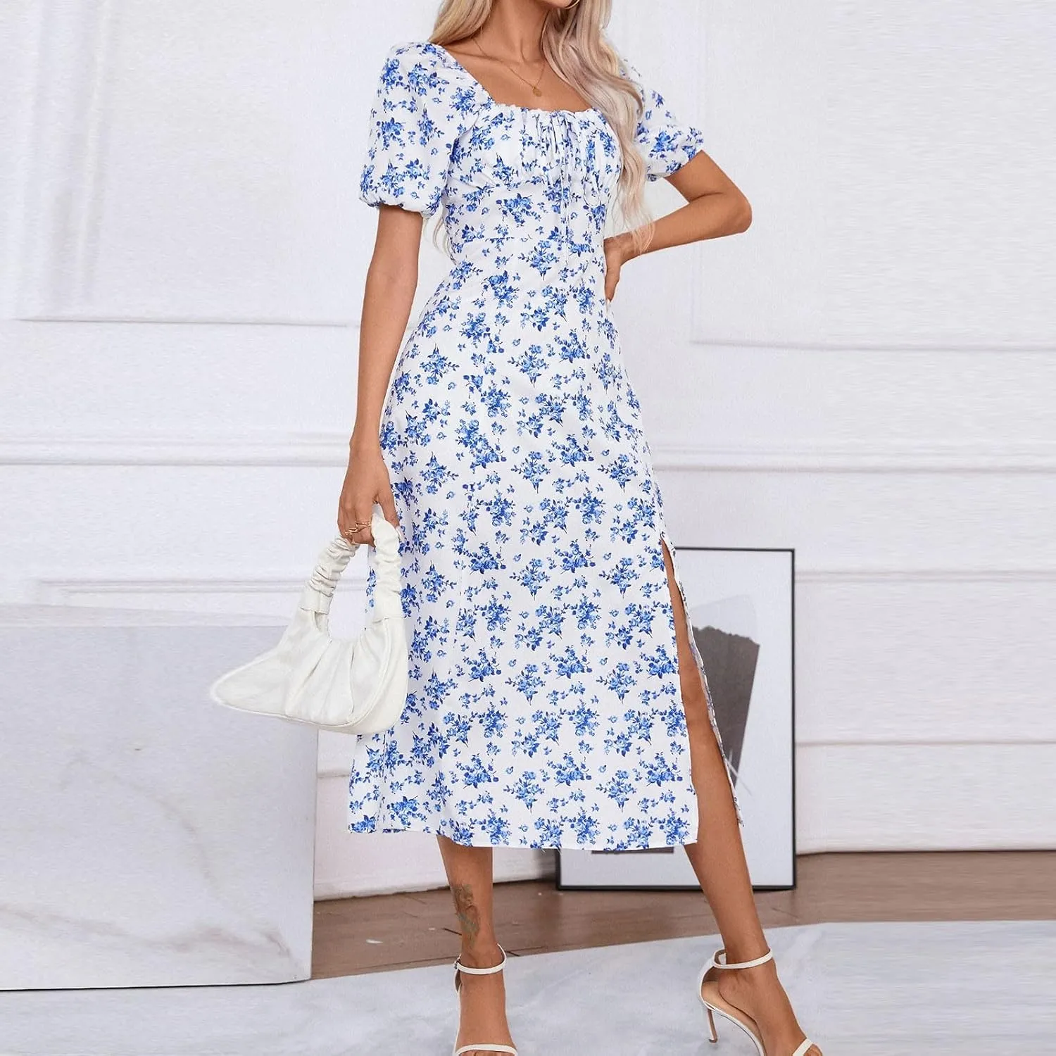 Women's Sundresses 2025 Summer Casual Loose Trendy Bubble Sleeve Square Neck Split Bow Floral Print Dress Plus Size, XS-3XL