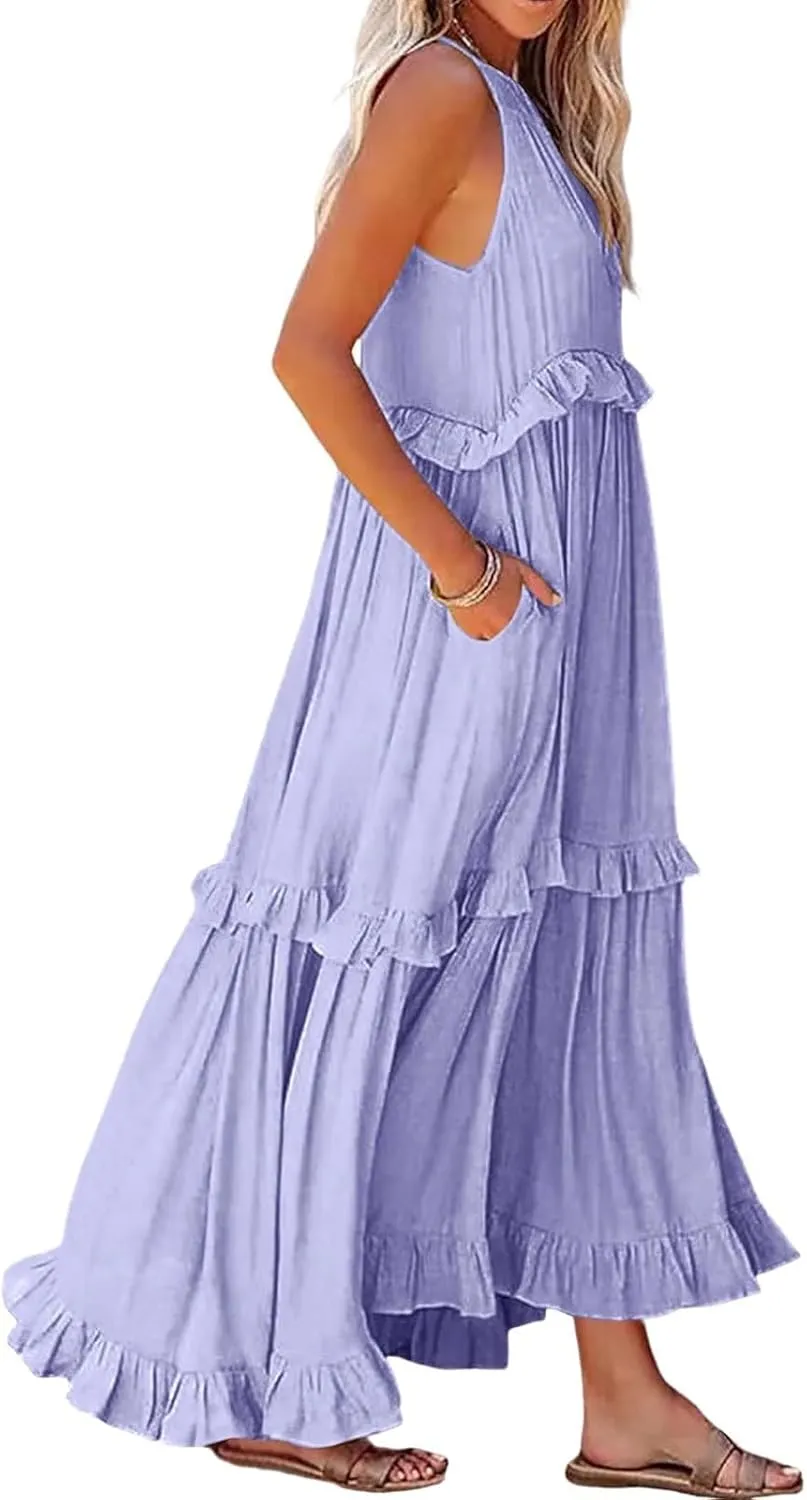 Womens Tiered Dress 2025 Summer Casual Sleeveless Tie Back Pleated Maxi Dress A Line Flowy Long Beach Sun Dresses