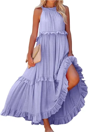 Womens Tiered Dress 2025 Summer Casual Sleeveless Tie Back Pleated Maxi Dress A Line Flowy Long Beach Sun Dresses