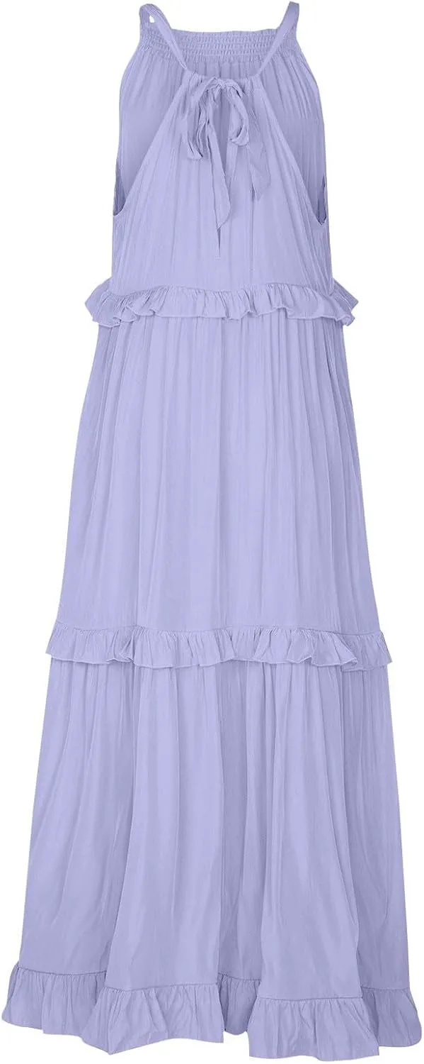 Womens Tiered Dress 2025 Summer Casual Sleeveless Tie Back Pleated Maxi Dress A Line Flowy Long Beach Sun Dresses