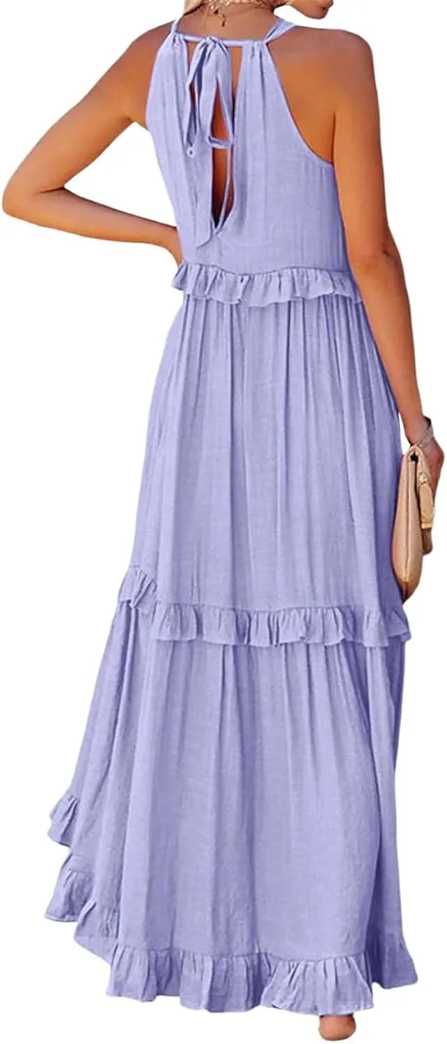 Womens Tiered Dress 2025 Summer Casual Sleeveless Tie Back Pleated Maxi Dress A Line Flowy Long Beach Sun Dresses