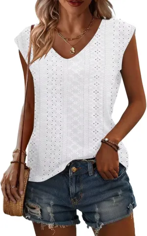 Womens Tops Cap Sleeve T Shirts 2025 Eyelet Embroidery U Neck Summer Fashion Clothes Basic Casual Tee