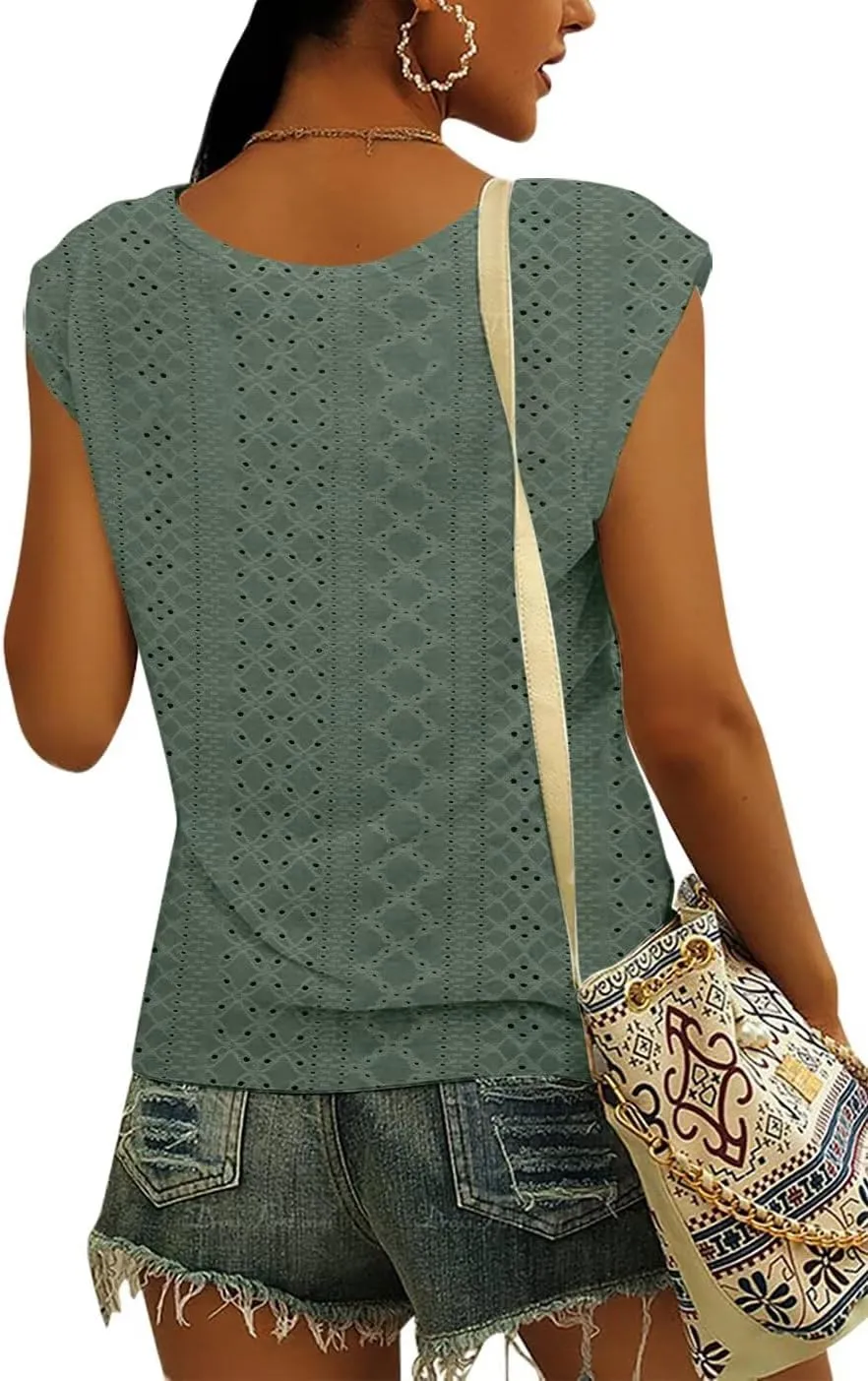 Womens Tops Cap Sleeve T Shirts 2025 Eyelet Embroidery U Neck Summer Fashion Clothes Basic Casual Tee