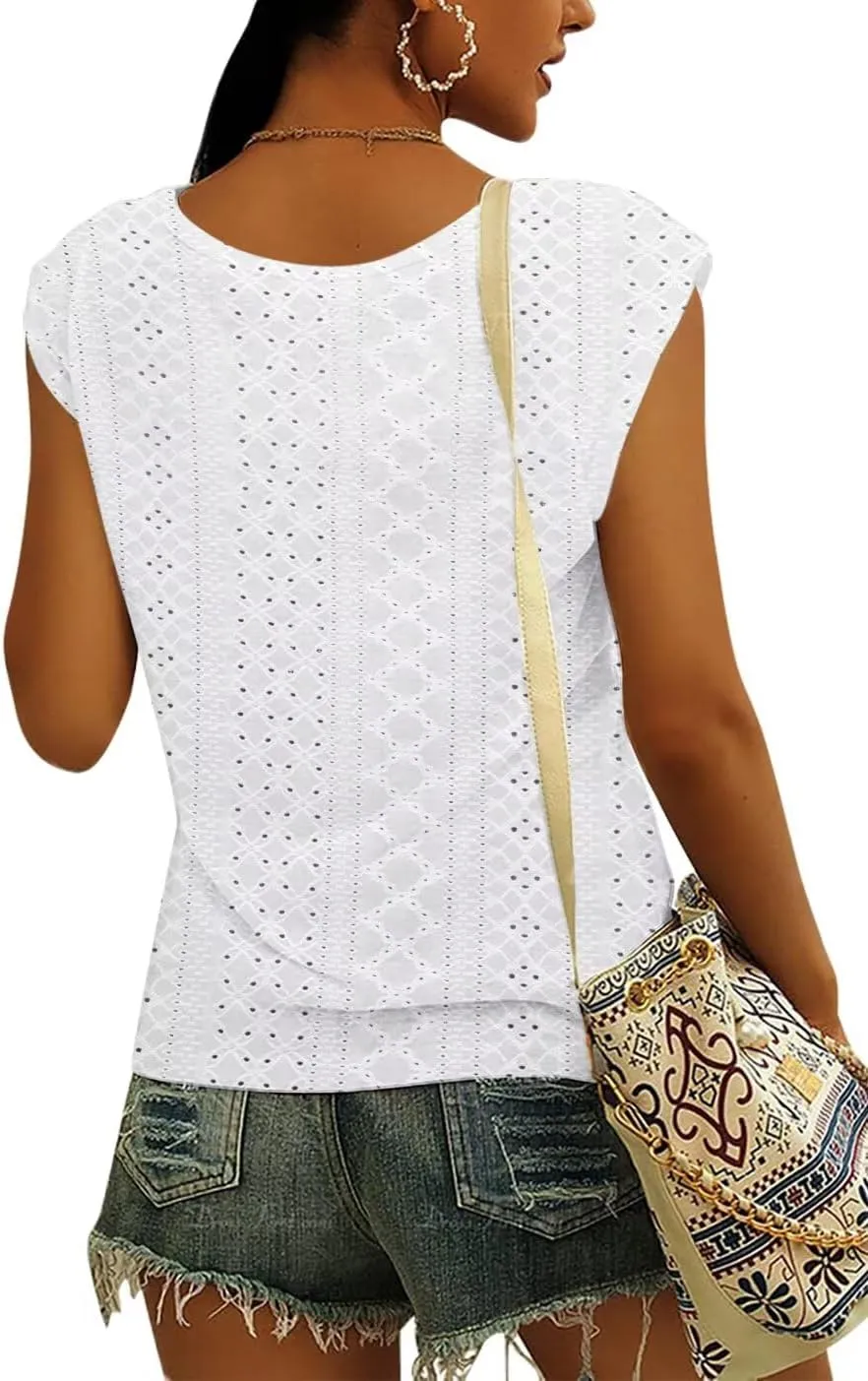Womens Tops Cap Sleeve T Shirts 2025 Eyelet Embroidery U Neck Summer Fashion Clothes Basic Casual Tee