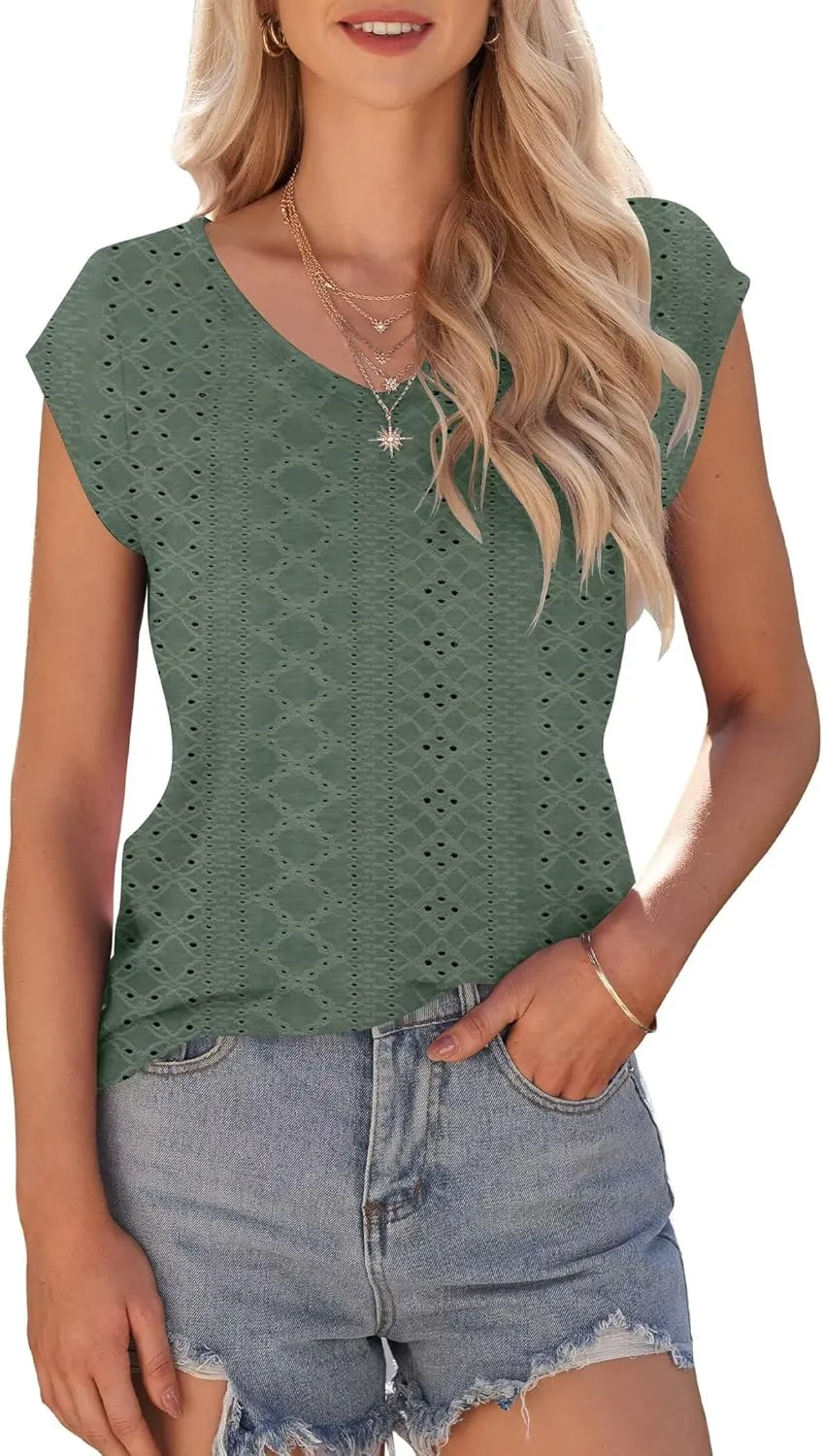 Womens Tops Cap Sleeve T Shirts 2025 Eyelet Embroidery U Neck Summer Fashion Clothes Basic Casual Tee