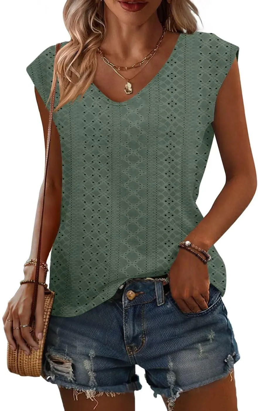Womens Tops Cap Sleeve T Shirts 2025 Eyelet Embroidery U Neck Summer Fashion Clothes Basic Casual Tee