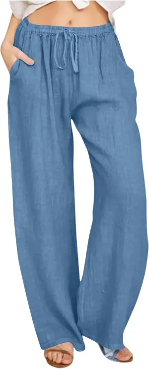Womens Trendy Cotton Linen Pants Summer Lightweight Boho Pants Wide Leg Loose Drawstring Trousers with Pockets