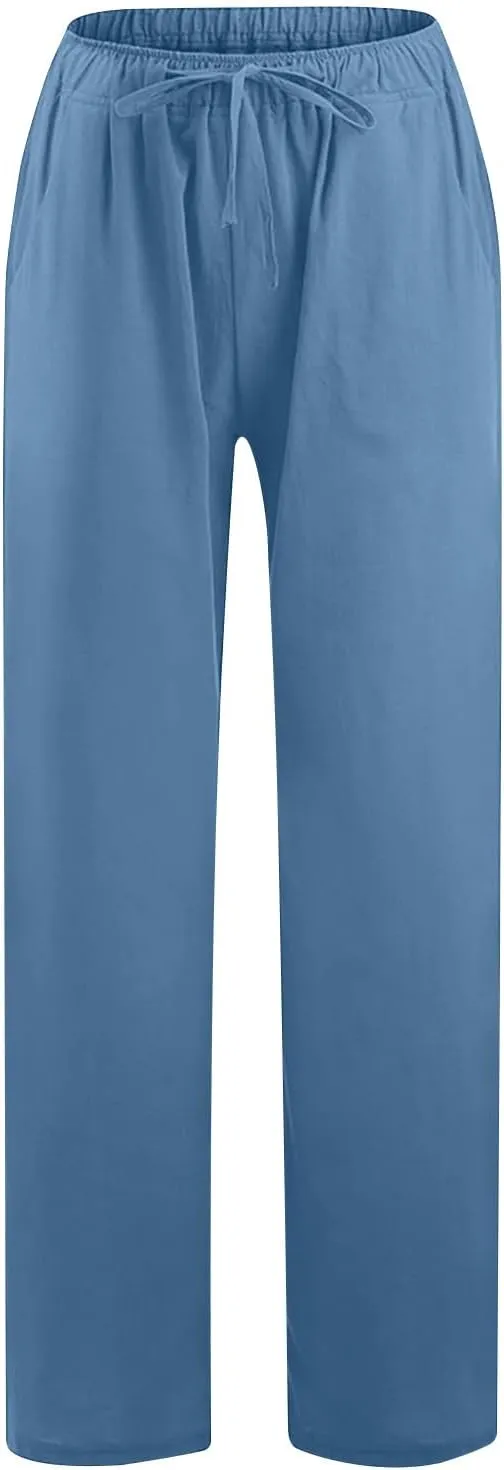 Womens Trendy Cotton Linen Pants Summer Lightweight Boho Pants Wide Leg Loose Drawstring Trousers with Pockets