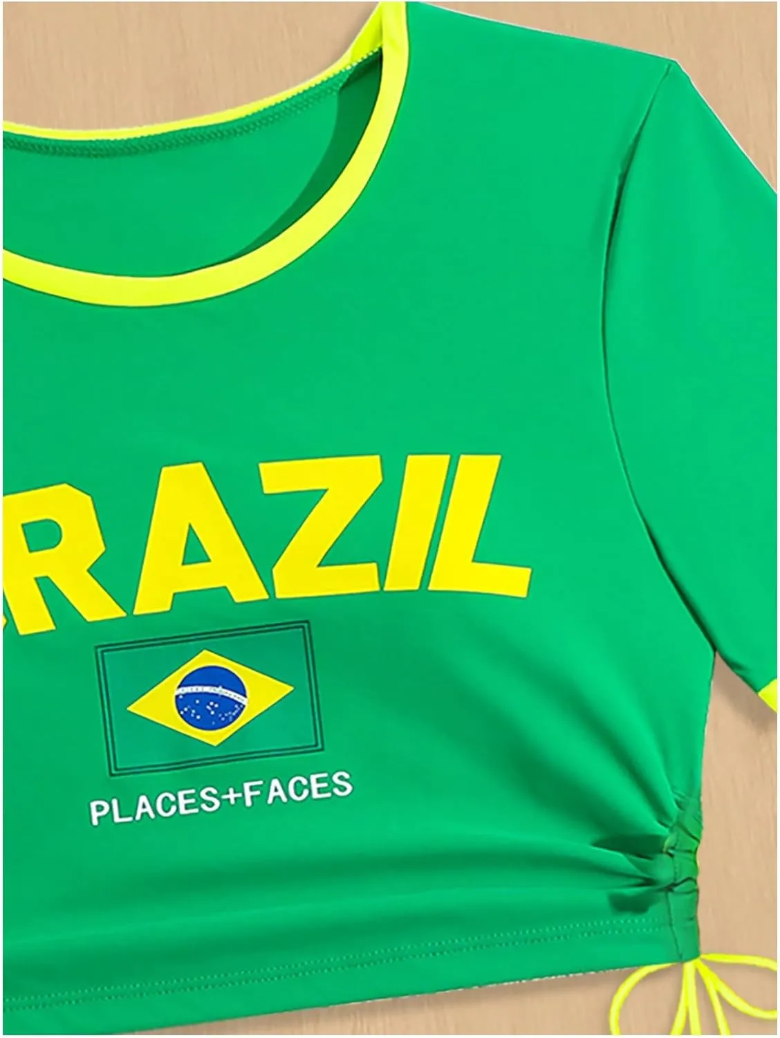 Women's Two Piece Swimsuit Letter and Brazil Flag Short Sleeve Tee Crop Top and Cut Out Bikini Bottom Set