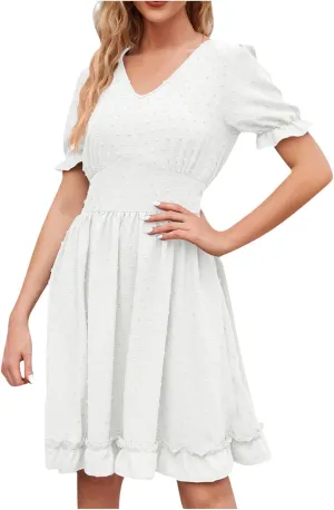 Women's V Neck Casual Vacation Dress Puff Short Sleeve Swiss Dot Swing Ruffle A-Line Mini Beach Summer Dresses 2025