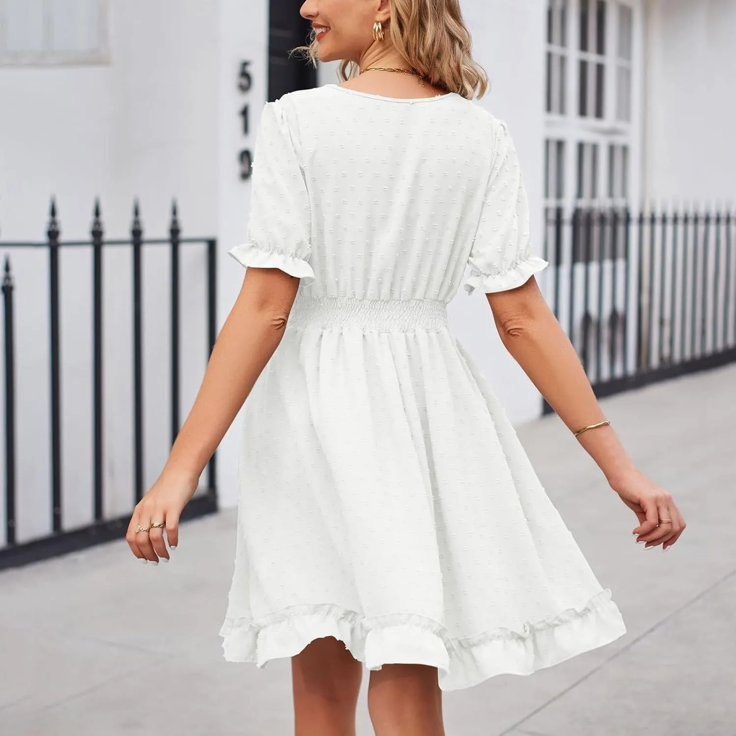 Women's V Neck Casual Vacation Dress Puff Short Sleeve Swiss Dot Swing Ruffle A-Line Mini Beach Summer Dresses 2025