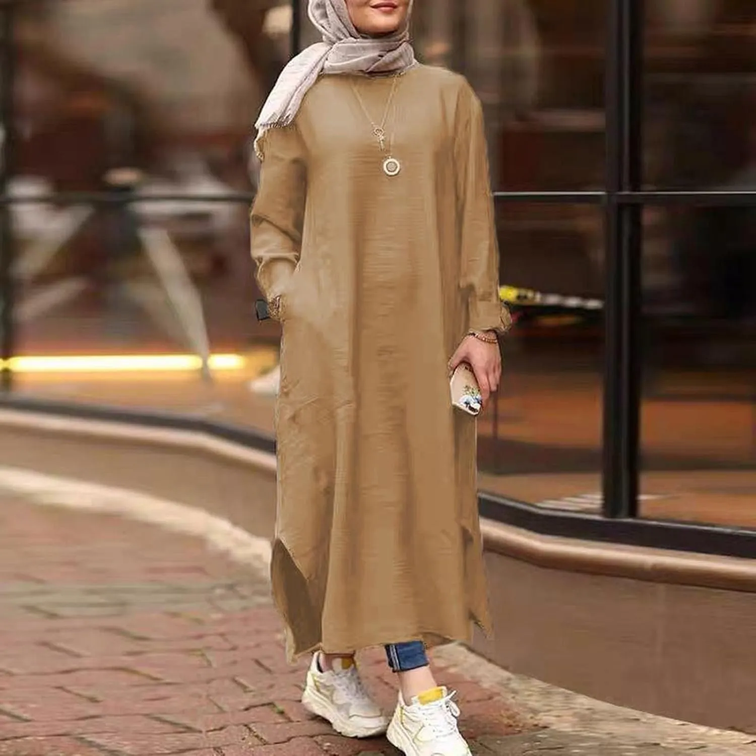 Women's Vacation Dresses 2025 Summer Casual Trendy Loose Long Sleeve Round Neck Solid Maxi Muslim Dress, S-XL