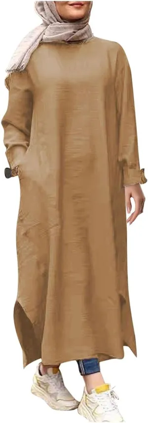 Women's Vacation Dresses 2025 Summer Casual Trendy Loose Long Sleeve Round Neck Solid Maxi Muslim Dress, S-XL