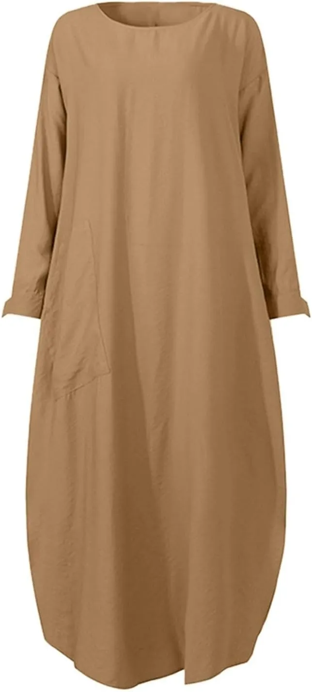 Women's Vacation Dresses 2025 Summer Casual Trendy Loose Long Sleeve Round Neck Solid Maxi Muslim Dress, S-XL