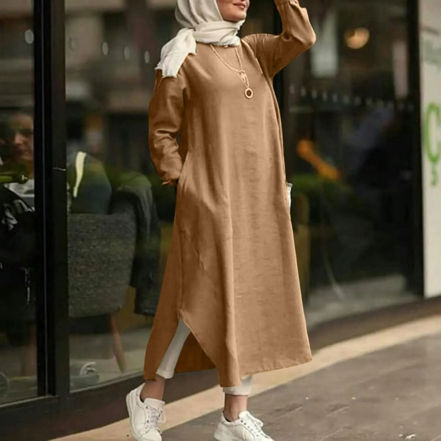 Women's Vacation Dresses 2025 Summer Casual Trendy Loose Long Sleeve Round Neck Solid Maxi Muslim Dress, S-XL