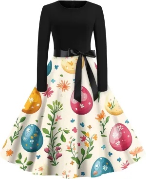 Women's Vintage Easter Egg Print A-Line Dress with Long Sleeves and Belt Perfect for Spring Celebrations