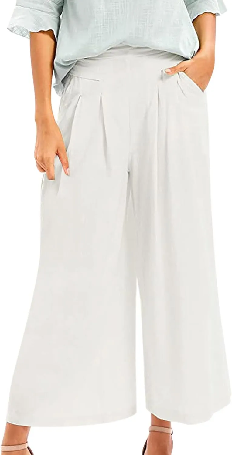 Womens Wide Leg Flare Pants Back Elastic High Waist Cotton Linen Solid Color Pants Summer Workout Capri Trousers with Pockets
