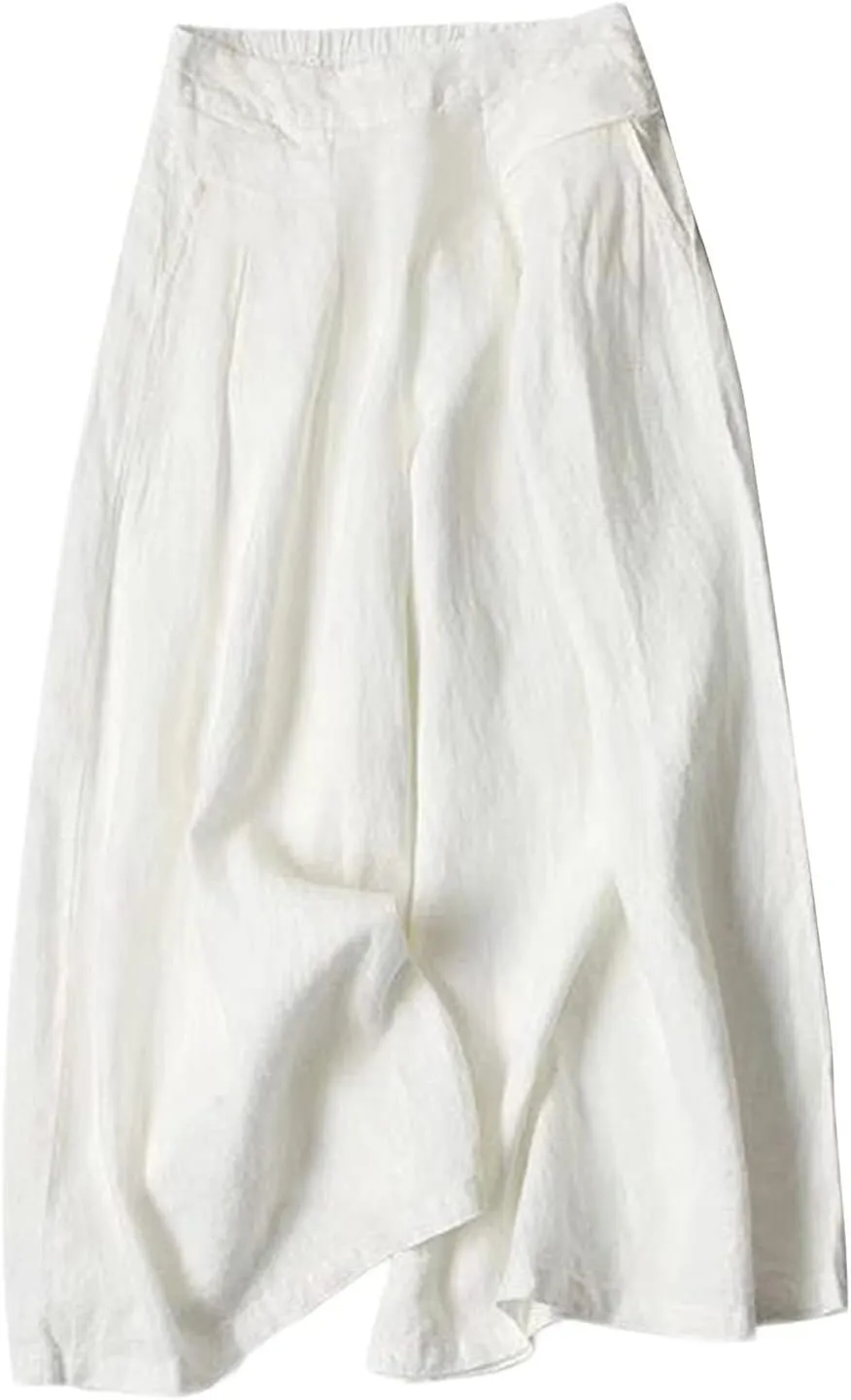 Womens Wide Leg Flare Pants Back Elastic High Waist Cotton Linen Solid Color Pants Summer Workout Capri Trousers with Pockets