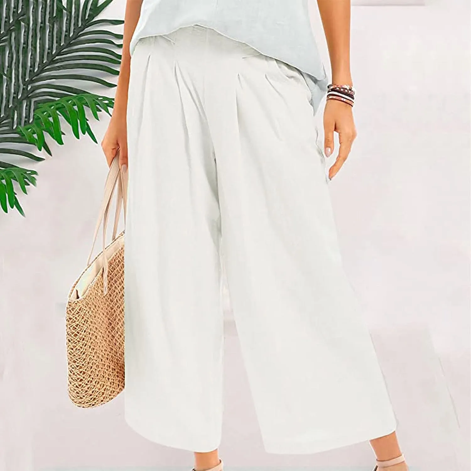 Womens Wide Leg Flare Pants Back Elastic High Waist Cotton Linen Solid Color Pants Summer Workout Capri Trousers with Pockets