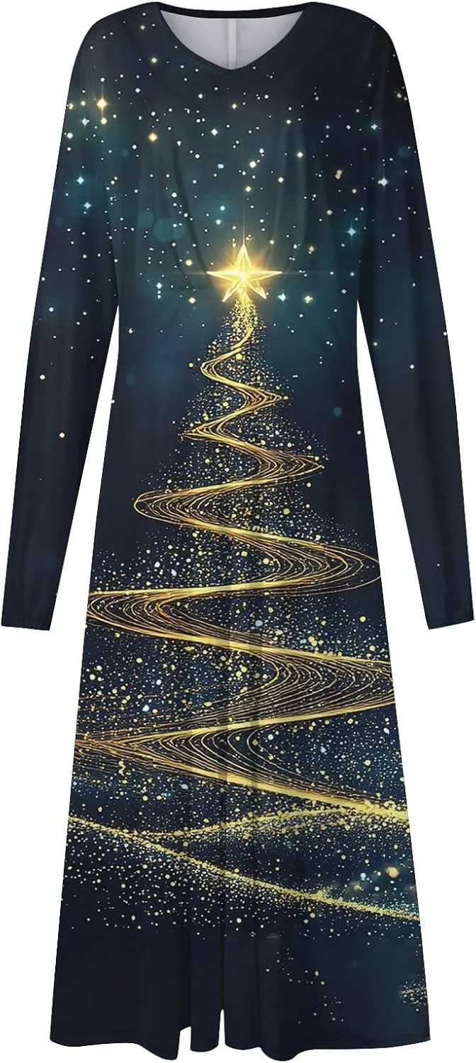 Women's Winter Casual Trendy V-Neck Long Sleeve Snowflake Print Christmas Dress Plus Size, S-2XL