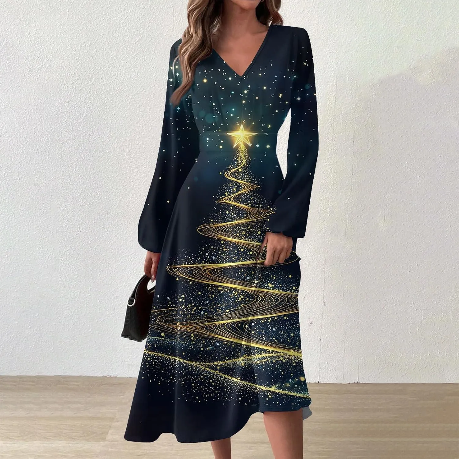 Women's Winter Casual Trendy V-Neck Long Sleeve Snowflake Print Christmas Dress Plus Size, S-2XL