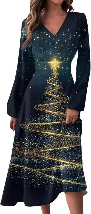 Women's Winter Casual Trendy V-Neck Long Sleeve Snowflake Print Christmas Dress Plus Size, S-2XL