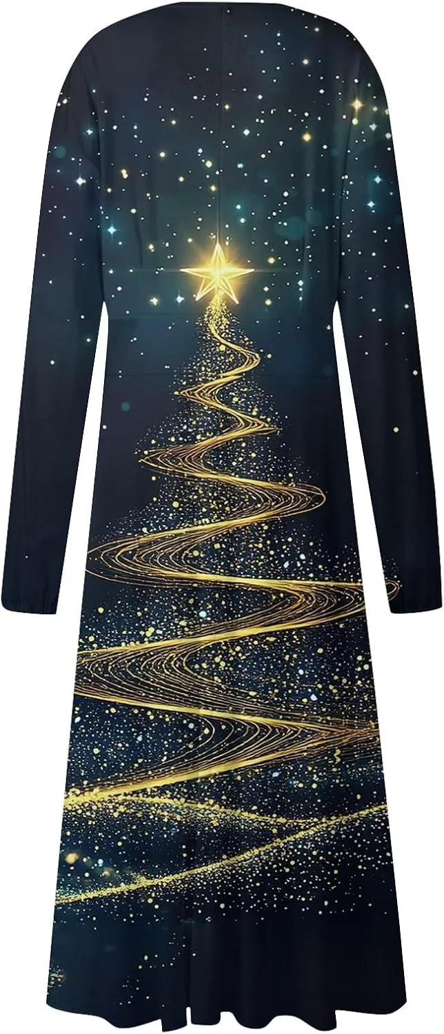 Women's Winter Casual Trendy V-Neck Long Sleeve Snowflake Print Christmas Dress Plus Size, S-2XL