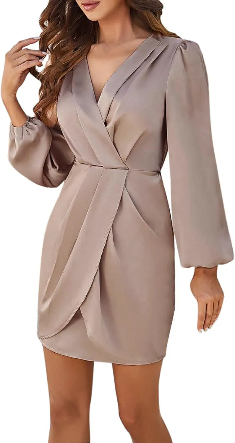 Womens Wrap V Neck Dresses Vintage Long Sleeve Ruffle Hem Mini Dresses Travel Outfits Casual Wedding Guest Dress