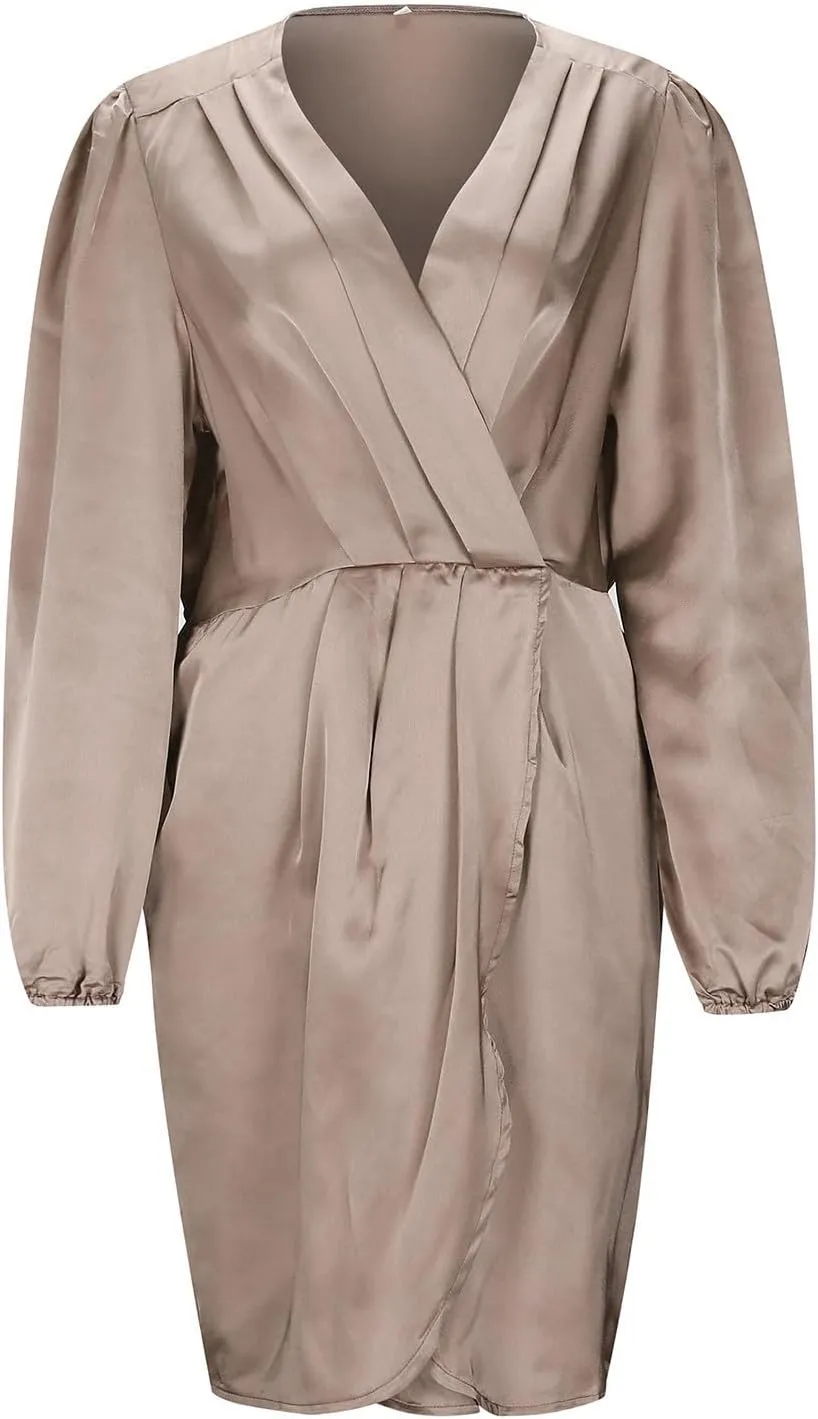 Womens Wrap V Neck Dresses Vintage Long Sleeve Ruffle Hem Mini Dresses Travel Outfits Casual Wedding Guest Dress