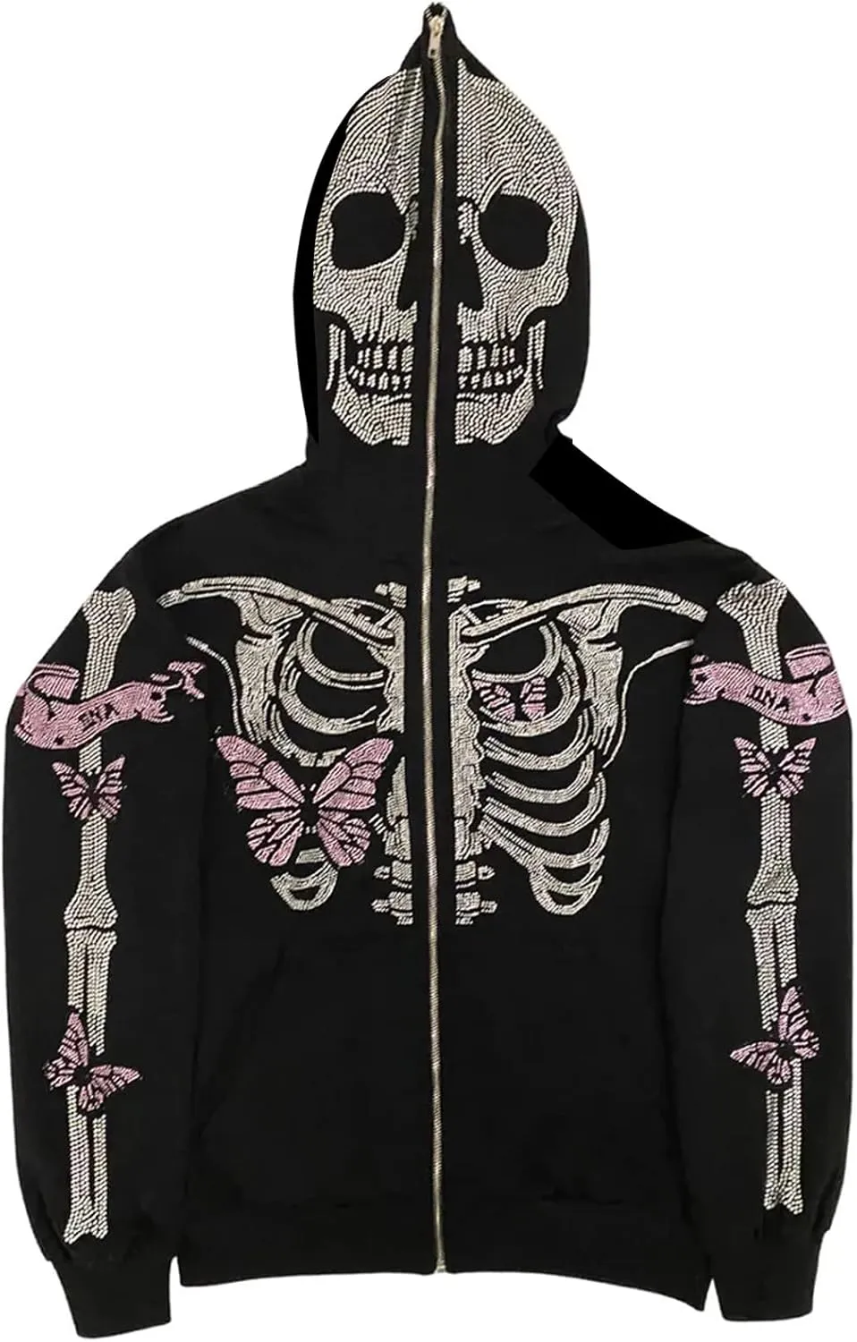 Y2k Skeleton Full Zip Up Hoodies Women Men Rhinestone Skull Graphic Print Sweatshirt Gothic Oversized Jackets