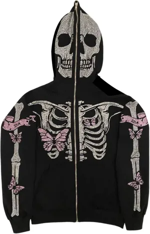 Y2k Skeleton Full Zip Up Hoodies Women Men Rhinestone Skull Graphic Print Sweatshirt Gothic Oversized Jackets