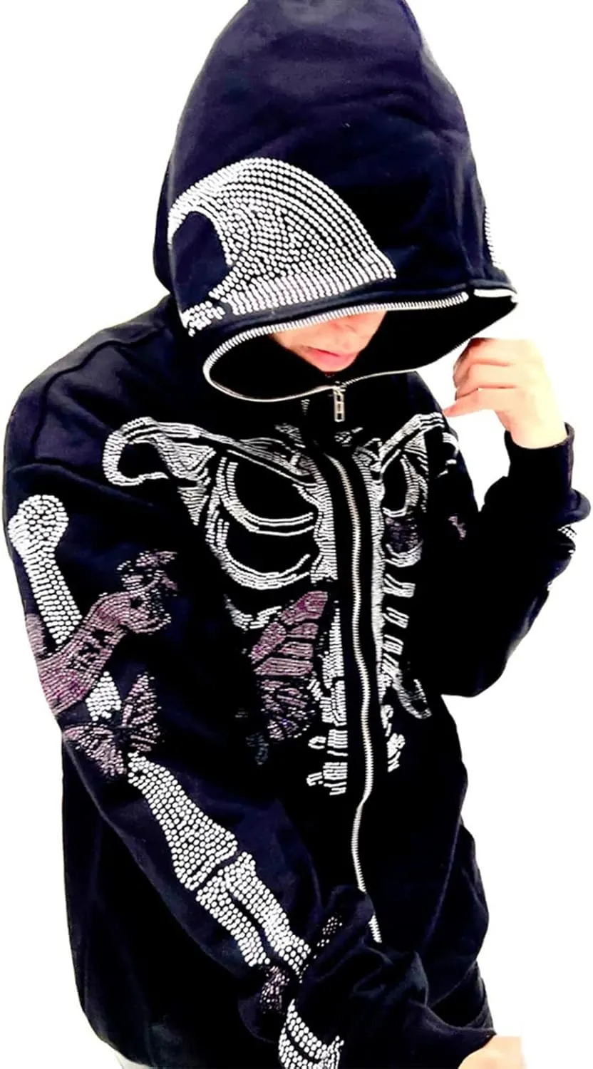 Y2k Skeleton Full Zip Up Hoodies Women Men Rhinestone Skull Graphic Print Sweatshirt Gothic Oversized Jackets