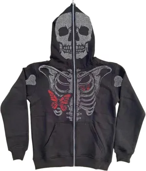 Y2k Skeleton Full Zip Up Hoodies Women Men Rhinestone Skull Graphic Print Sweatshirt Gothic Oversized Jackets