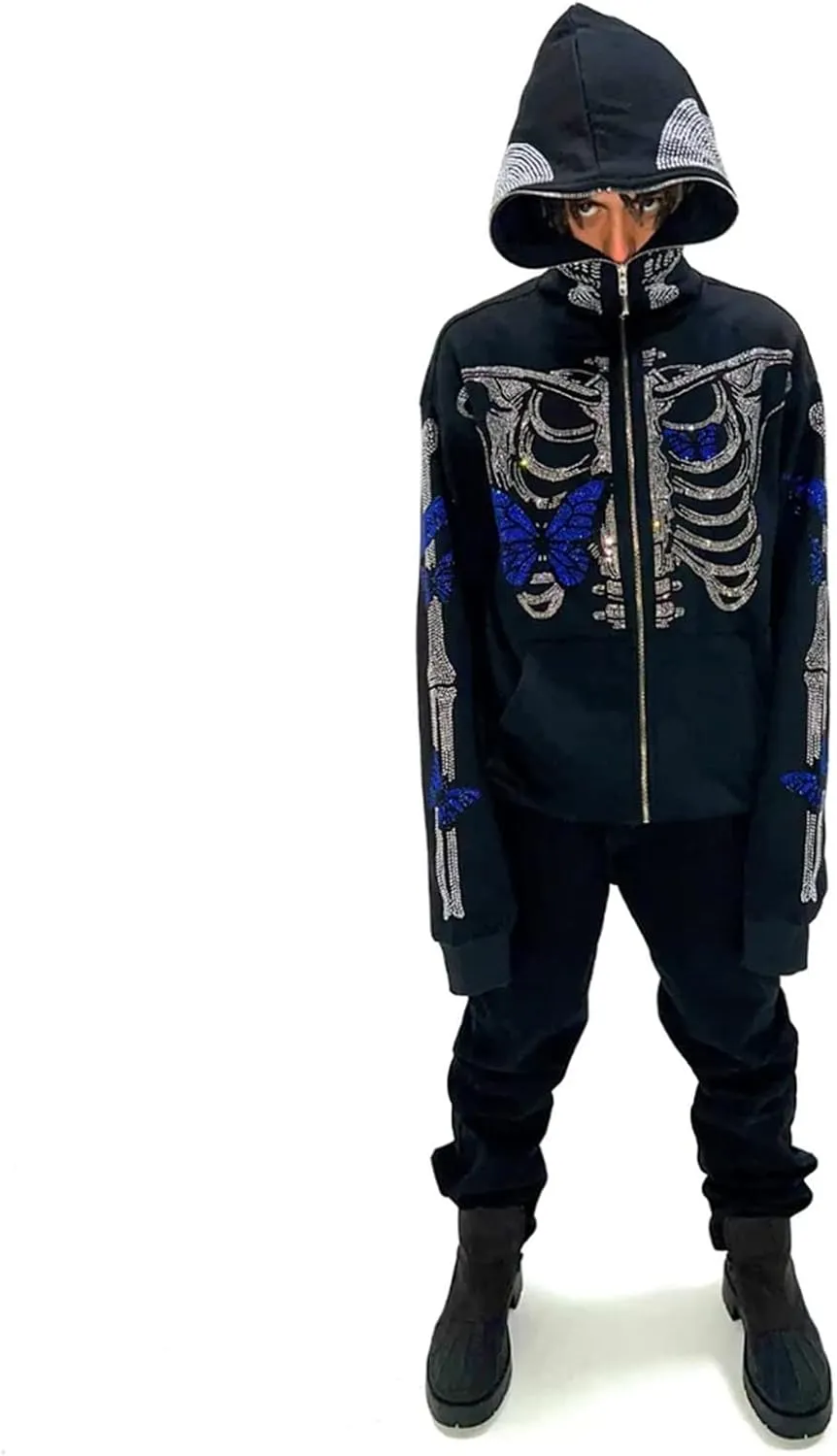 Y2k Skeleton Full Zip Up Hoodies Women Men Rhinestone Skull Graphic Print Sweatshirt Gothic Oversized Jackets