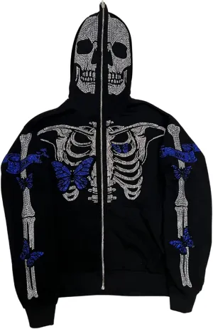 Y2k Skeleton Full Zip Up Hoodies Women Men Rhinestone Skull Graphic Print Sweatshirt Gothic Oversized Jackets
