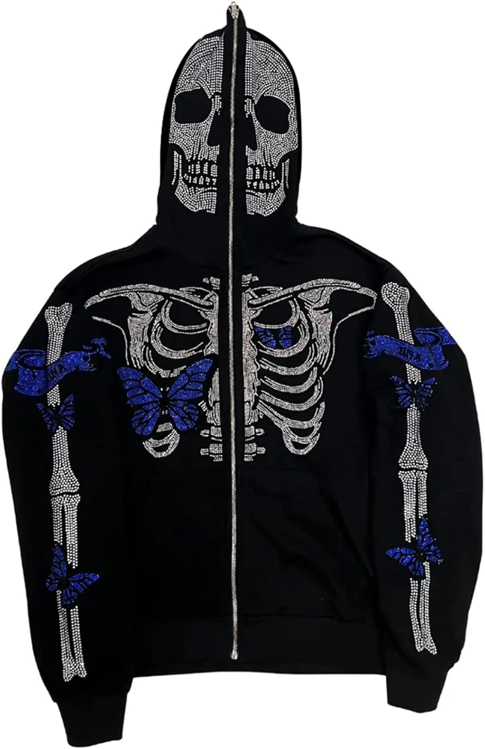 Y2k Skeleton Full Zip Up Hoodies Women Men Rhinestone Skull Graphic Print Sweatshirt Gothic Oversized Jackets