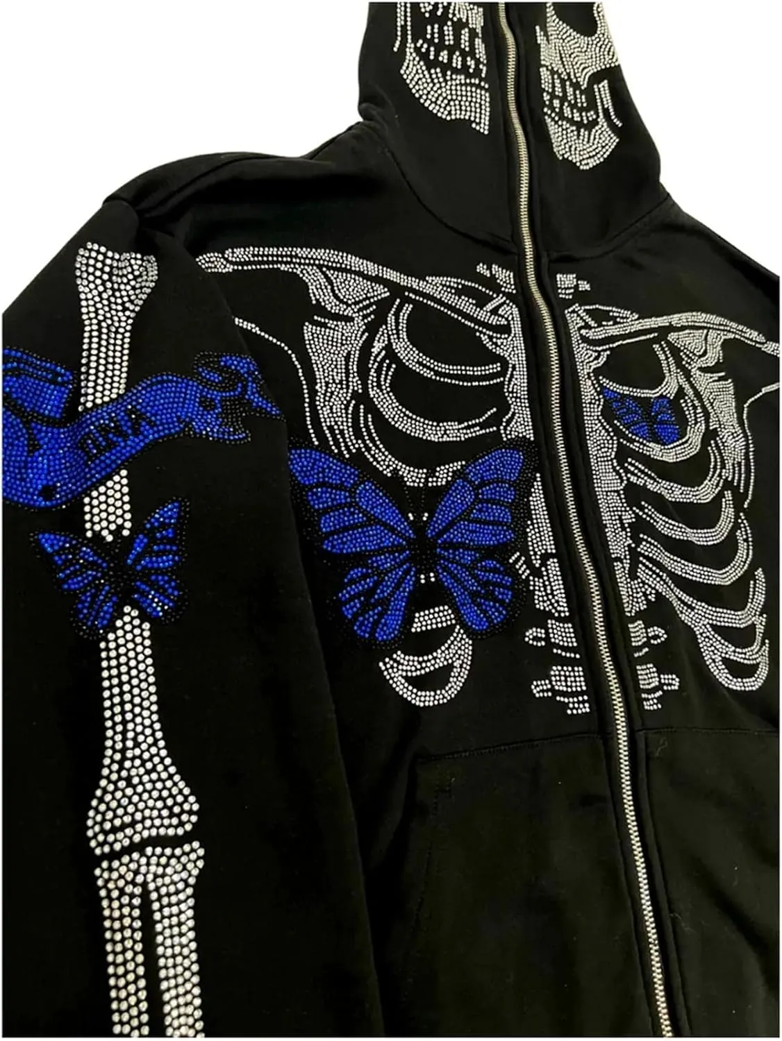Y2k Skeleton Full Zip Up Hoodies Women Men Rhinestone Skull Graphic Print Sweatshirt Gothic Oversized Jackets
