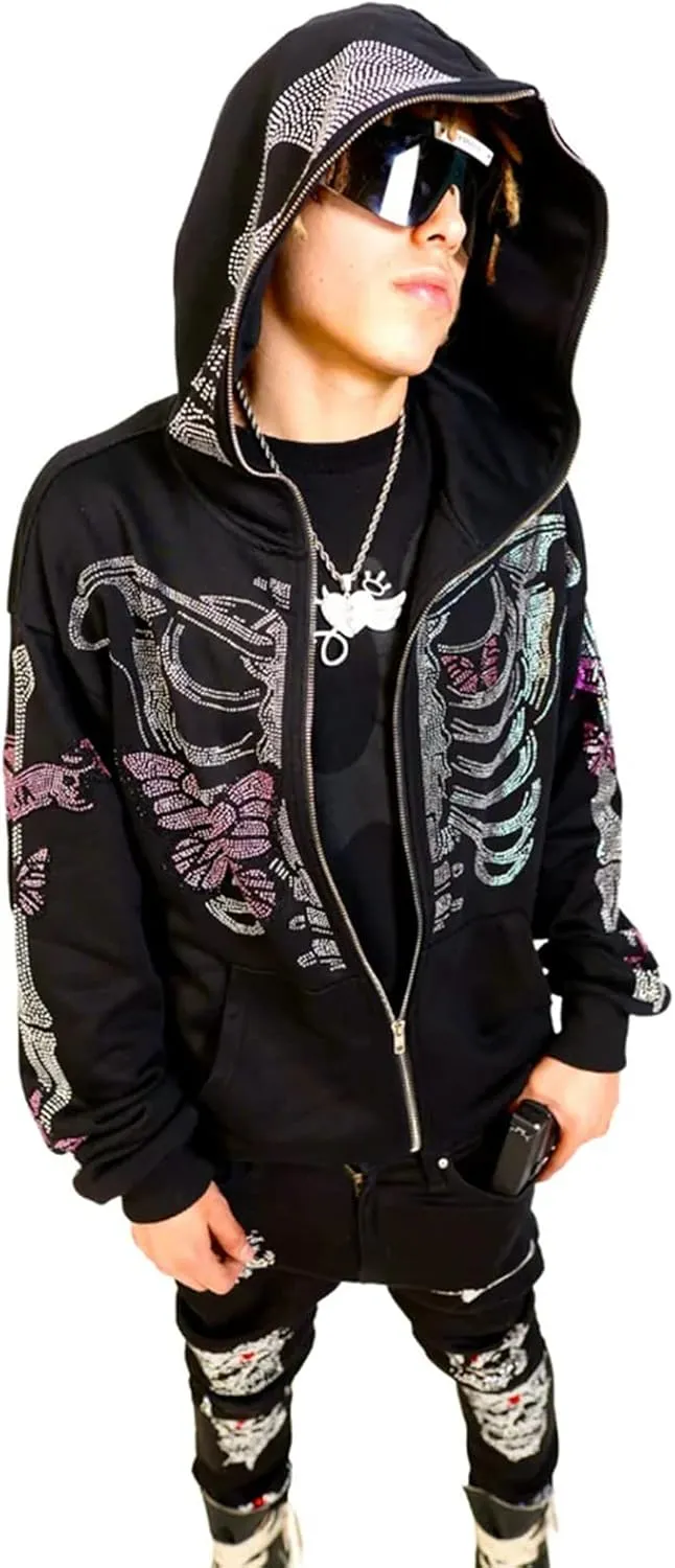 Y2k Skeleton Full Zip Up Hoodies Women Men Rhinestone Skull Graphic Print Sweatshirt Gothic Oversized Jackets