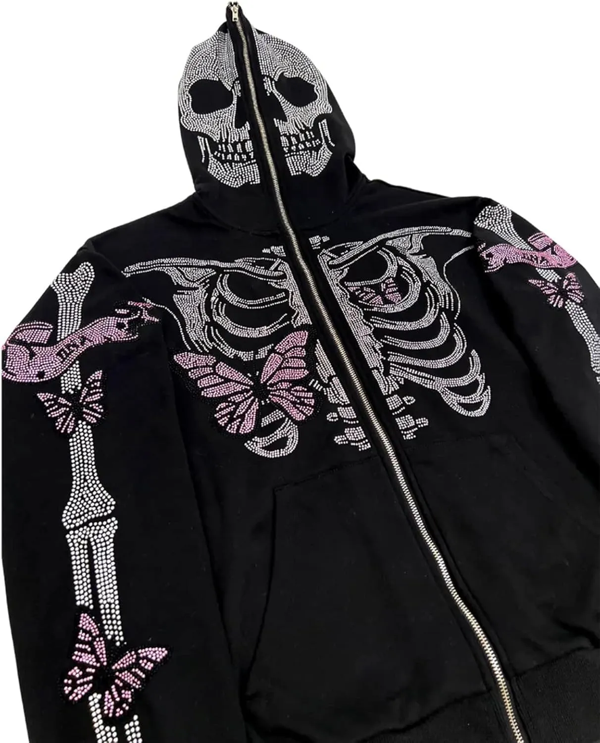 Y2k Skeleton Full Zip Up Hoodies Women Men Rhinestone Skull Graphic Print Sweatshirt Gothic Oversized Jackets