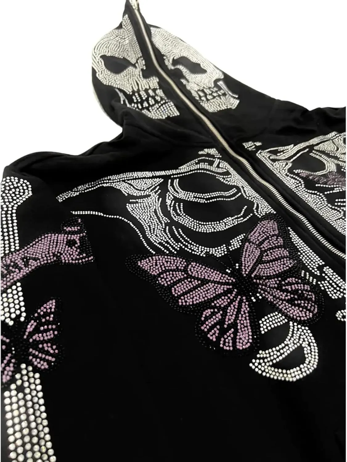 Y2k Skeleton Full Zip Up Hoodies Women Men Rhinestone Skull Graphic Print Sweatshirt Gothic Oversized Jackets