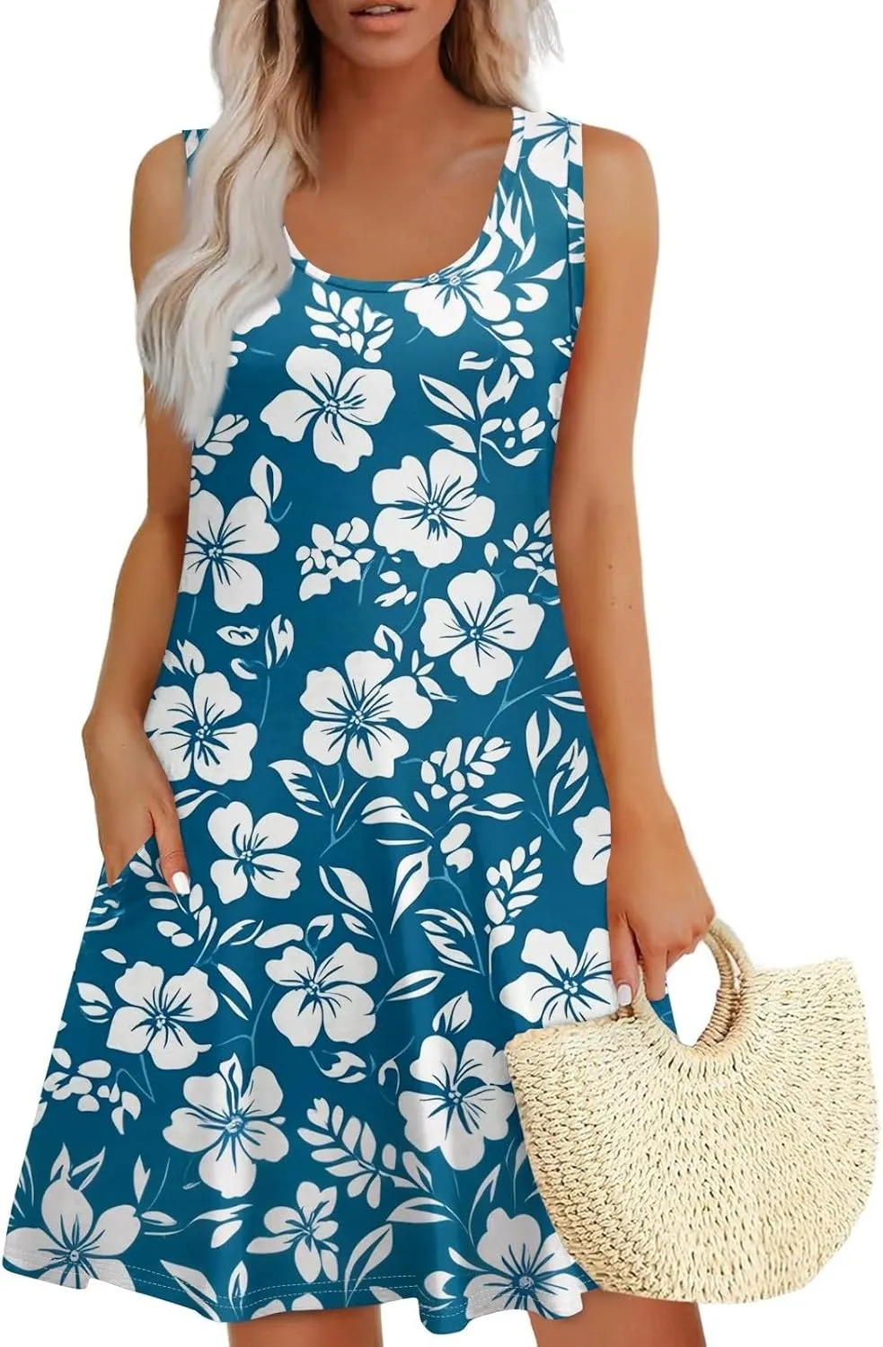 Yesunpxs Summer Dresses for Women Casual Sundresses Beach Loose Tshirt Tank Dresses Sleeveless Mini Dress with Pockets
